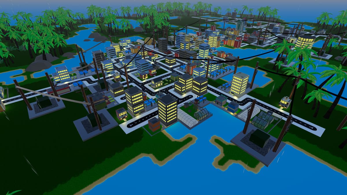Overhead view of power lines connecting substations in an island city