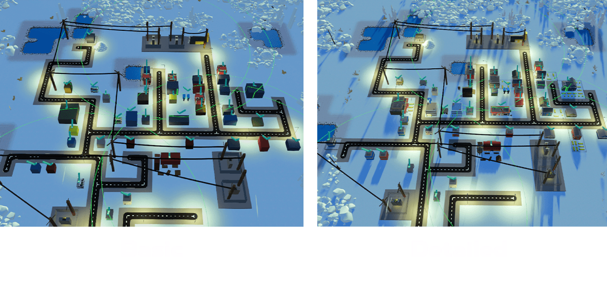 Overhead view of basic and detailed graphics in power network tycoon
