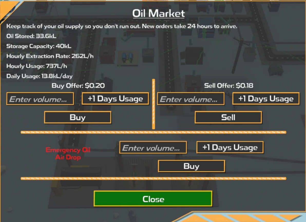 Screenshot of the ui for the oil market in power network tycoon